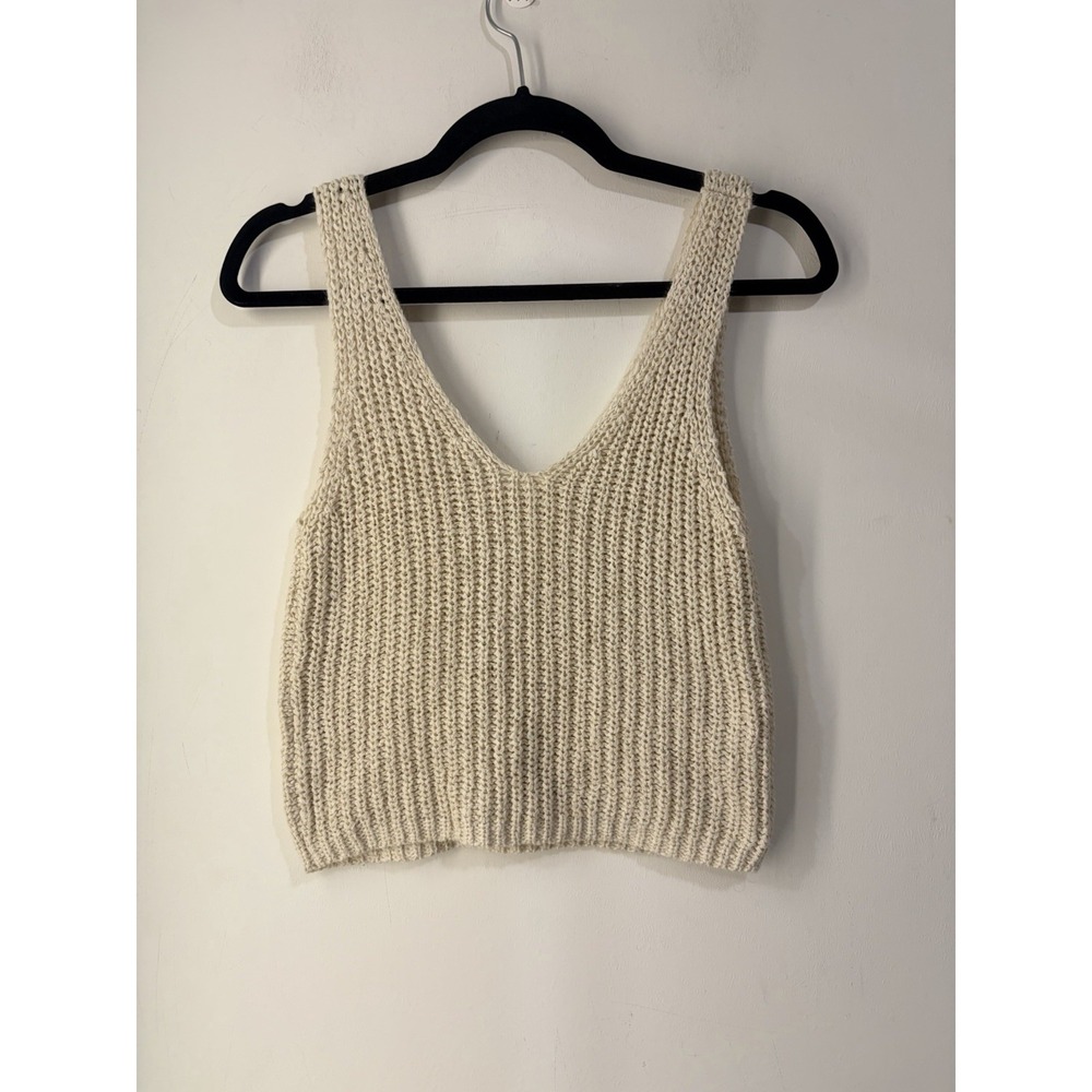 Womens Cream Chunky Knit Sweater Tank Top V Neck Sleeveless Boho Cottagecore Med